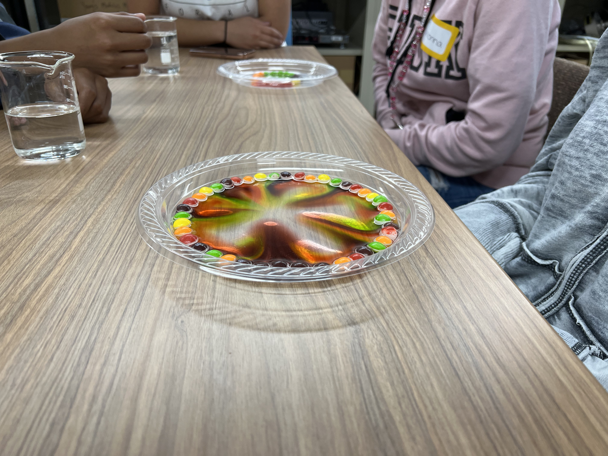 A plate of Skittles in hot water with their colors diffusing toward the center of the plate. 