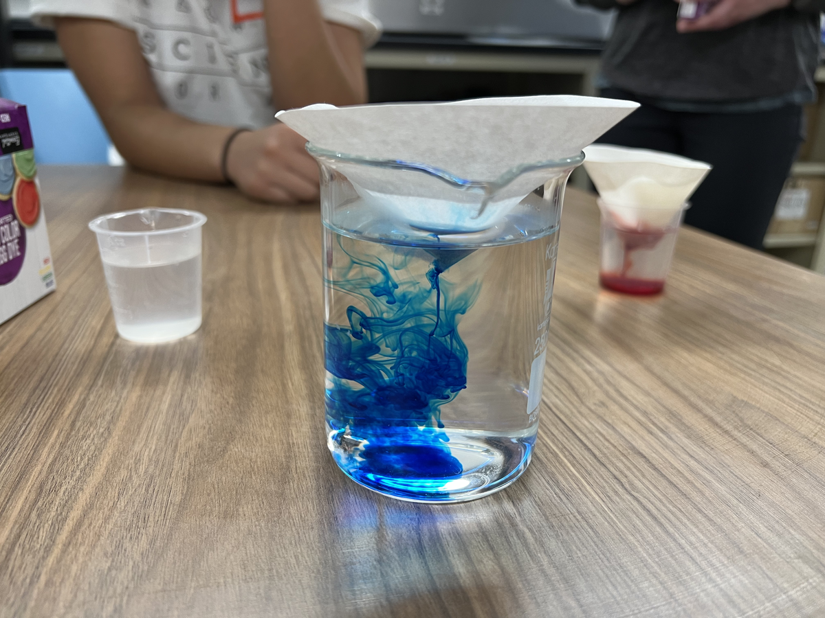 Blue food coloring in a filter that drips out the bottom of the filter in trails into the beaker. 